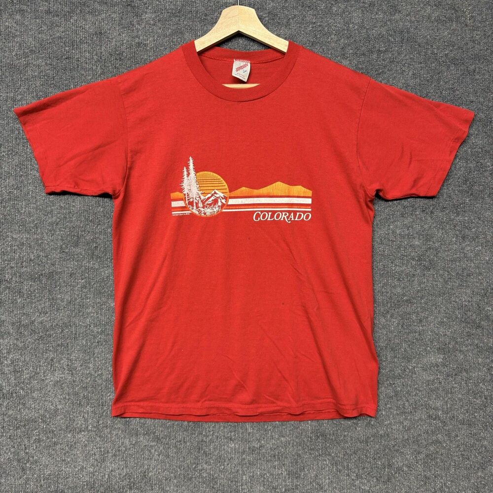 Vintage Jerzees Colorado Mountains Graphic Shirt Mens L Red USA 80s Distressed